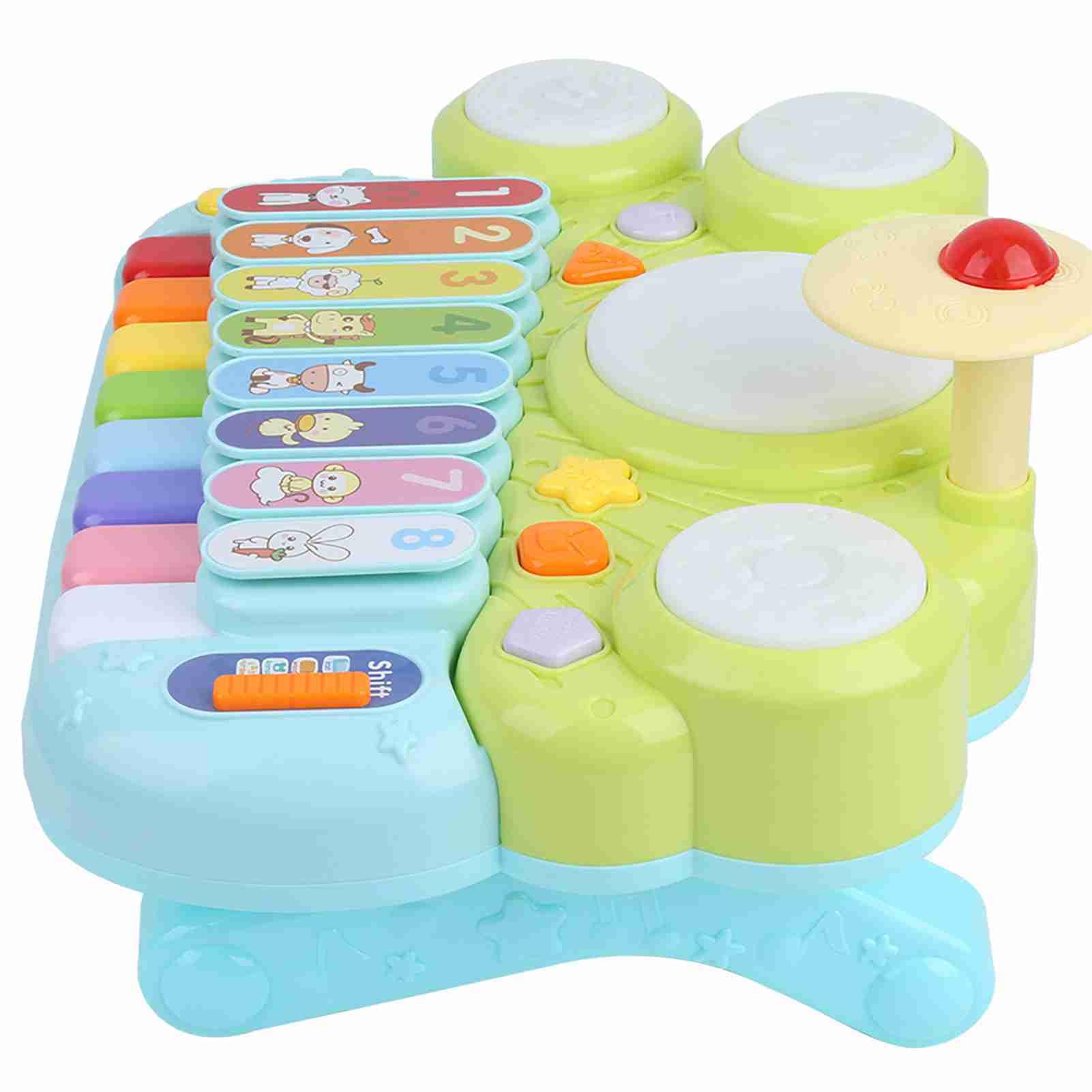 Juguetes de Instrumentos Musicales 3 en 1 para Niños Pequeños con Funciones de Aprendizaje Divertidas: Juego de Batería con Teclado de Piano Electrónico Hecho de Plástico Seguro, Tamaño 15 X