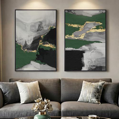 Large Framed Green Abstract Wall Art, 2 Piece Modern Canvas