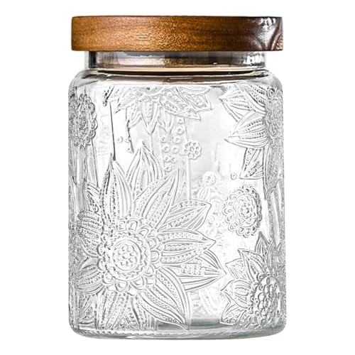 Image of Vintage Glass Jars with Wooden Lids, 24 oz Airtight Glass Food Storage Containers Sets for the Kitchen, Sugar Coffee Tea Cookie Candy Spice Pasta(Sunflower)