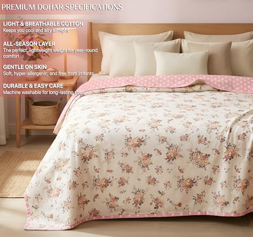 Image of HOMEKART Luxury Cotton Dohar Blanket for Double Bed | Ultra Soft Reversible AC Quilt | Floral Printed Lightweight Summer Blanket | 88x85 Inches (Terracotta Pink)