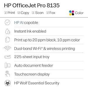 HP OfficeJet Pro 8135 Wireless All-in-One Color Inkjet Printer, Print, Scan, Copy, Fax, ADF, Duplex Printing Best-for-Home-Office, 3 Month Trial of Instant Ink Included, AI-Capable (C2VK1A) — photo 2 of 6