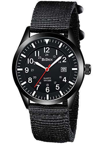 Mens Watches Waterproof Military Watches for Men Analog Tactical Wrist Watch Army Field Watches Work Watch Outdoor Casual Quartz Wristwatch Nylon Band Black