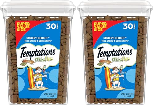 Image of Temptations Cat Treats MixUps Surfer's Delight, Tuna, Shrimp, Salmon Flavor, Crunchy and Soft Cat Treats, 30 oz. Tub (Pack of 2)