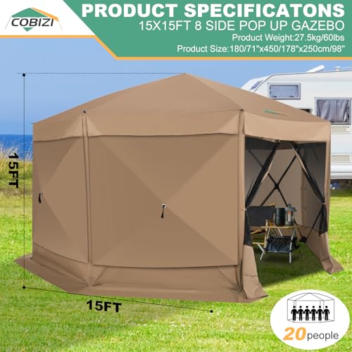Image of COBIZI 15x15 FT Pop Up Gazebo - Canopy Tent, Large Gazebos On Clearance with Sidewalls,carpas para Patio,Screened in Gazebo,Portable Screen Tents for 12-15 Persons Outdoor Camping, Backyard, Khaki