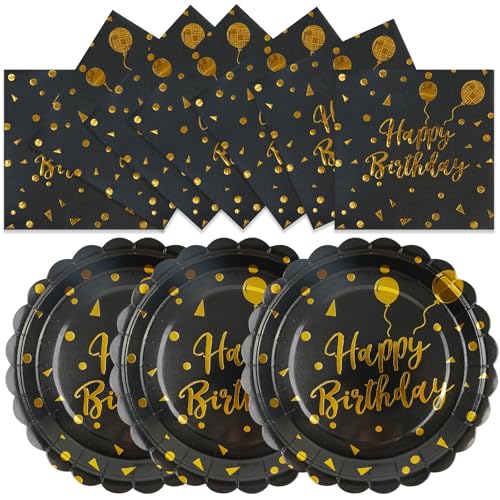50PCS Happy Birthday Paper Plates and Napkins - 7 Inch Birthday Cake Plates Scalloped Black and Gold Dessert Plates and 6.5 Inch Napkins Disposable Tableware Set, Serves 25 50PCS Set Black a