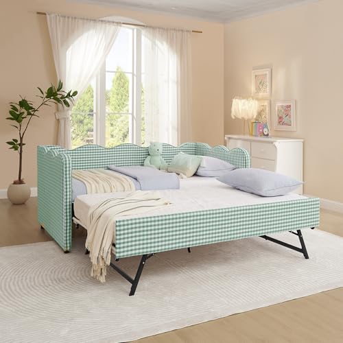 Image of KEIKI Twin Size Upholstery Gingham Daybed with Trundle and USB, Cyan