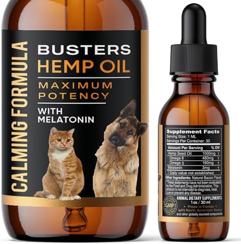 Busters Calming Pet Hemp Oil Enriched with Melatonin for Dogs, Sleep Support, Natural Anxiety Relief, Ideal Omega Ratio, Adrenal and Cushings Support