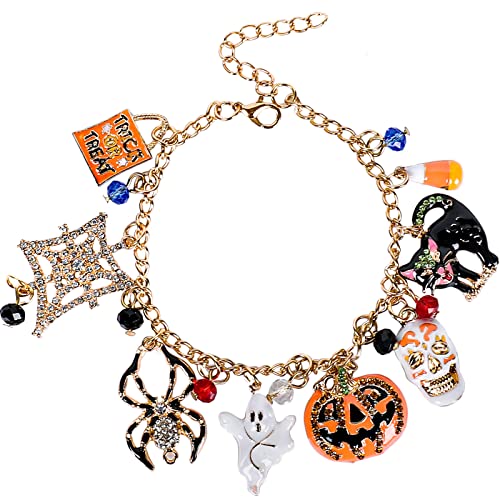 Whaline Halloween Bracelet Halloween Pumpkin Spider Ghost Black Cat Pendant Bracelet Adjustable Alloy Drop Hand Chain for Girls Women All Saints' Day Party Costume Accessories Gift