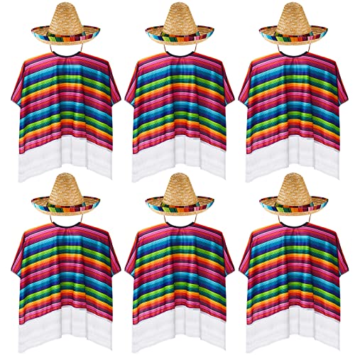 12 Pieces Kids Mexican Costume Set Include 6 Pieces Cinco De Mayo Poncho And 6 Pieces Mexican Sombrero Hat Mexican Poncho And Sombrero Set For Mexican Party Decoration #TOP27