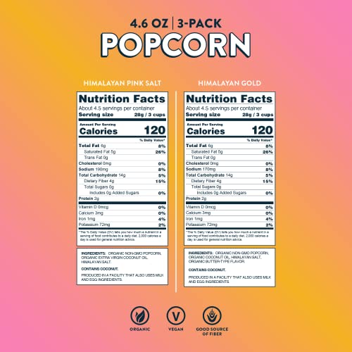 Image of LesserEvil Organic Popcorn Favorites Pack, 2 Bags of Himalayan Pink Salt (4.6 oz each), 1 Bag of Himalayan Gold (4.6 oz)