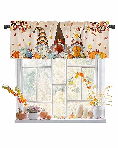 Happy Fall Valances Curtain Fall Gnome Kitchen Curtains Harvest Pumpkin Fall Kitchen Valances Autumn Maple Leaf Window Curtain Treatment Short Topper Curtains Autumn, Fall Seasonal Decor,54x18 inch
