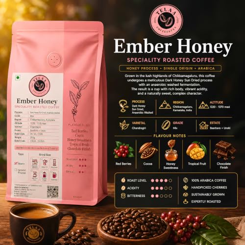 Image of TELAA Ember Honey Single Origin Specialty Coffee Beans | Honey Process 100% Arabica | Fresh Roasted Whole Beans | Gourmet Coffee for Espresso, French Press, Pour Over & Moka Pot | 250g