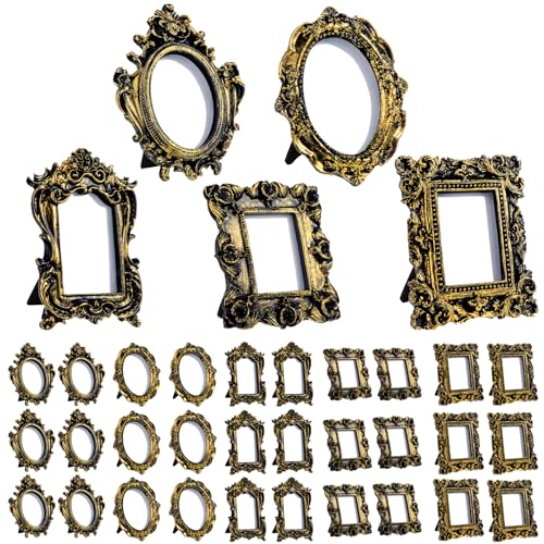 Maitys 30 Pcs Mini Picture Vintage Frames with Stands Tiny Antique Photo Baroque Ornate Resin Oval Frame Table Top Display Home Wedding Decor (Black Gold)