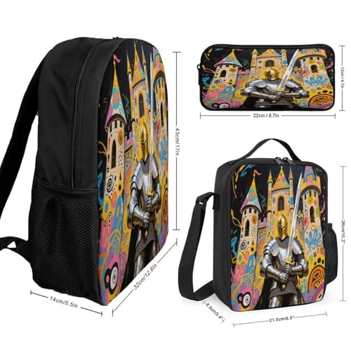 Printed Backpack With Lunch Pack Storage Box Case Castle Knight 3pcs Lightweight Travel Backpack2
