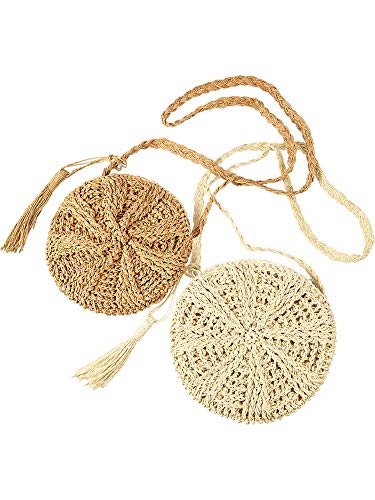 2 Pieces Woven Straw Handbag Beach Shoulder Bag with Tassels Straw Crossbody Purse Retro Envelope Shoulder Bag for Women Girls (Round Shape)