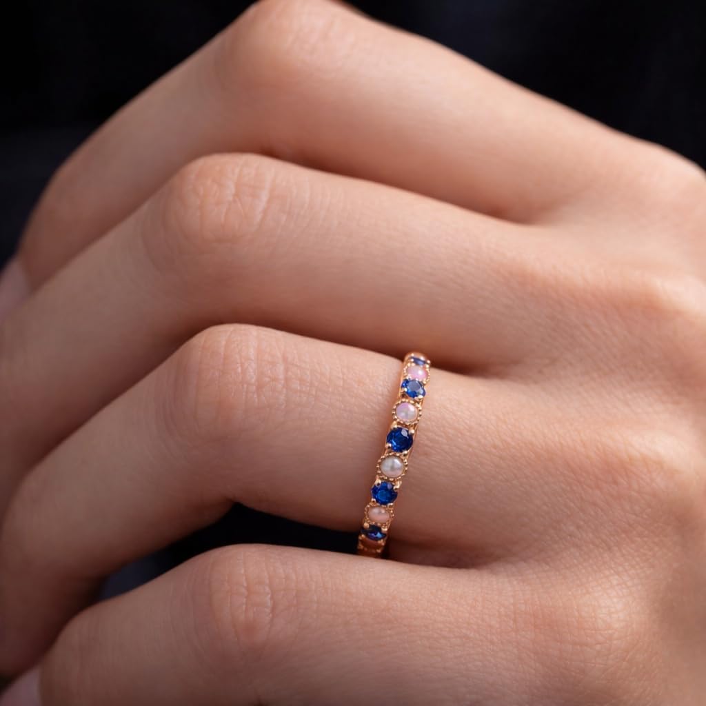 Rose Gold Opal & Blue Sapphire Band Ring Dainty Bezel Set Opal Stacking Jewelry Minimalist Birthstone Anniversary Promise Ring for Women Birthday Gift For Her