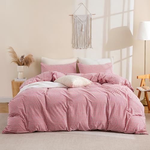 Image of TOCOMOA Red Gingham Duvet Cover Bedding Set 100% Washed Cotton Like Linen Feel Super Soft Comfortable 3 Piece Cute Plaid Checkered Comforter Cover Set (King 104 inchx90 inch, Comforter Not Included)