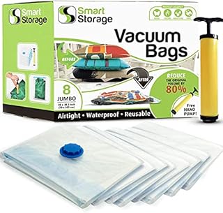 8 Pack Jumbo Vacuum Storage Space Saver Bag Set | Hand Vacuum Bags with Travel Pump | Space Bags for Home & Travel | Reusable Vacuum Bags | Airtight & Waterproof Saver Bags