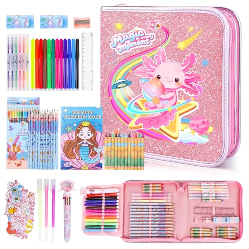 JYPS Maletin Pinturas para Niños, 73 Piezas Axolotl Lavable Artísticos Pinturas con Libro para Colorear, Rotuladores, LáPices De Colores, Ceras, Viajes Estuche Dibujo Kit Regalo Niña 3 4 5 6 7 8 Años