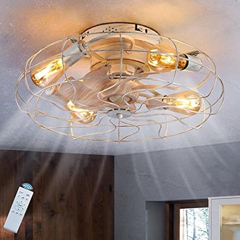 TRUYOK Ceiling Fans with Lights and Remote E27 Vintage Caged Ceiling Fan Light 20" Retro Industrial Flush Mount Fan Lamp Indoor Lighting for Farm House Bedroom Living Room Kitchen, White Cover
