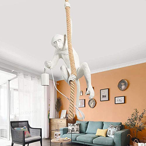 Gnjinx Hemp Rope Monkey Pendant Light Fixture, Vintage Resin Industrial Chandelier For Dining Room, Bar, Bedroom (White) #TOP2