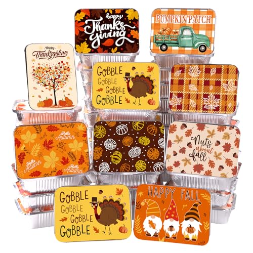 DIYDEC 36PCS Thanksgiving Food Containers 9 Styles Fall Foil storage Containers with Lids Aluminum Disposable Leftover Cookie Tin Pans for Holiday Gift Giving Party Supplies