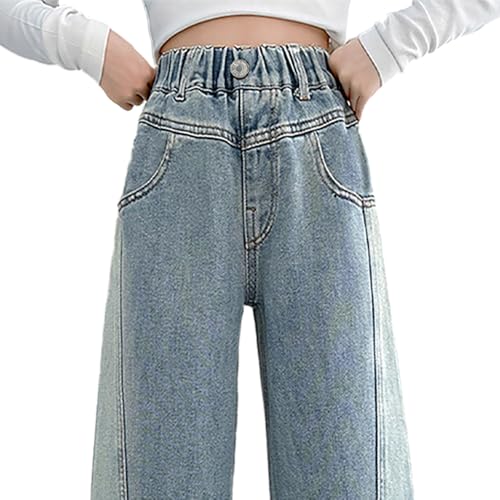 Girls' Spliced Wide-Leg Jeans, Elastic Waist Baggy Jeans for Tween, Wide Leg Denim Pants with Back Pockets2