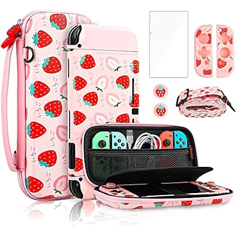 FANPL Pink Carry Case Bundle for Nintendo Switch, Cute Case Accessories Set for Switch with Hard Travel Case, Soft TPU cover, Adjustable Strap, Screen Protector, Thumb Grip Caps (Cute Pink Strawberry) Cover