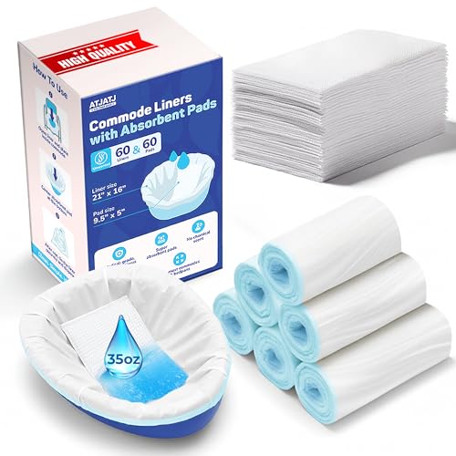 60 Packs Commode Liners With 60 Absorbent Pads, Leak-Proof Disposable Toilet Bags for Adults, Fits All Bedside Toilet Chairs Bucket, Portable Potty Liners for Home Medical Use, No Mess Cleanup