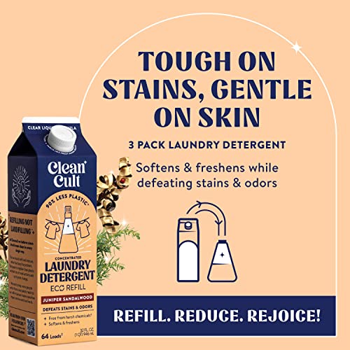 Cleancult Laundry Detergent Refills (32Oz, 3 Pack) - Laundry Soap That Defeats Stains & Odors - Free Of Harsh Chemicals - Paper Based Eco Refill, Uses 90% Less Plastic - Juniper Scandalwood #TOP2