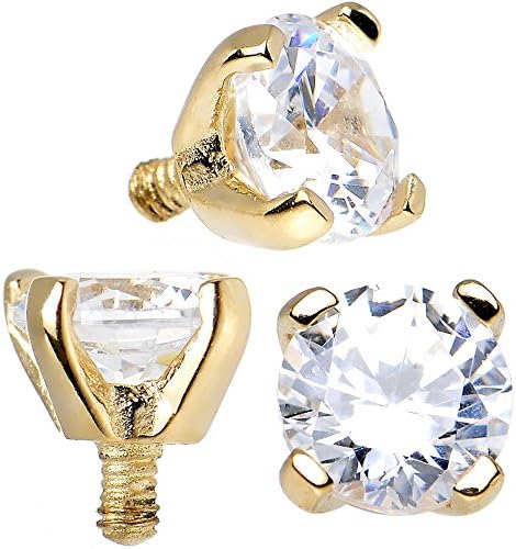 TheMaddHatter (2 Pieces) Gold Dermal Top Clear Round CZ Prong Setting Plated Over 316L Surgical Steel (14g (1.6MM) (4mm cz)