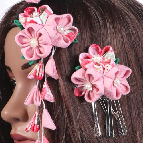 Lurrose clips para el cabello japoneses estilo kimono con flores, set de 3 piezas rosa metálico para mujer miniatura 5