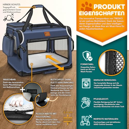 TRESKO® Hundebox faltbar inkl. Leckmatte, Spatel & Reflektoren M 61x42x42cm | Transportbox für Hunde und Katzen | Hundetransportbox Auto für kleine & große Hunde | Hundetasche robust Navyblau