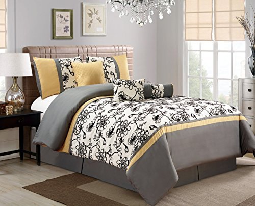 Grand Linen 5 Piece Modern Oversize Yellow/Black/White/Grey Floral Comforter Set Twin Size Bedding