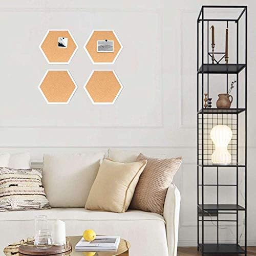 4 Packs Cork Boards Hexagon Shape with White Framed Bulletin Board Modern Decorative Cork Boards for School, Home,Office(Set Including 40 Push Pins,Hardware and Template)