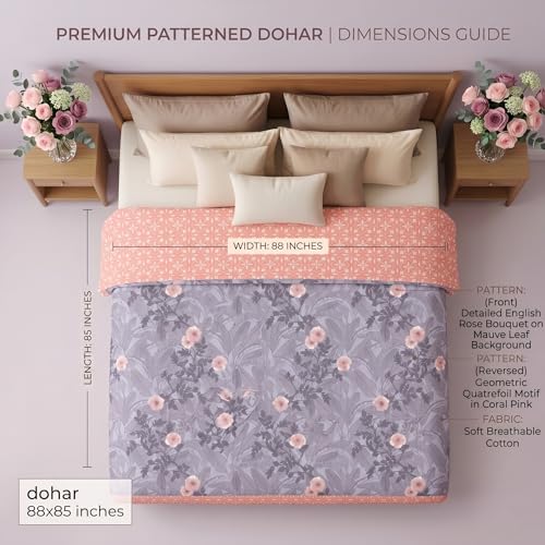 Image of HOMEKART Luxury Cotton Dohar Blanket for Double Bed | Ultra Soft Reversible AC Quilt | Floral Printed Lightweight Summer Blanket | 88x85 Inches (Lavender Mist)