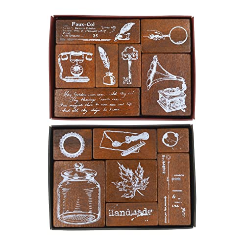 Cliocoo 14pcs Wood Rubber Stamp Set, Vintage Decorative Wooden Stamp