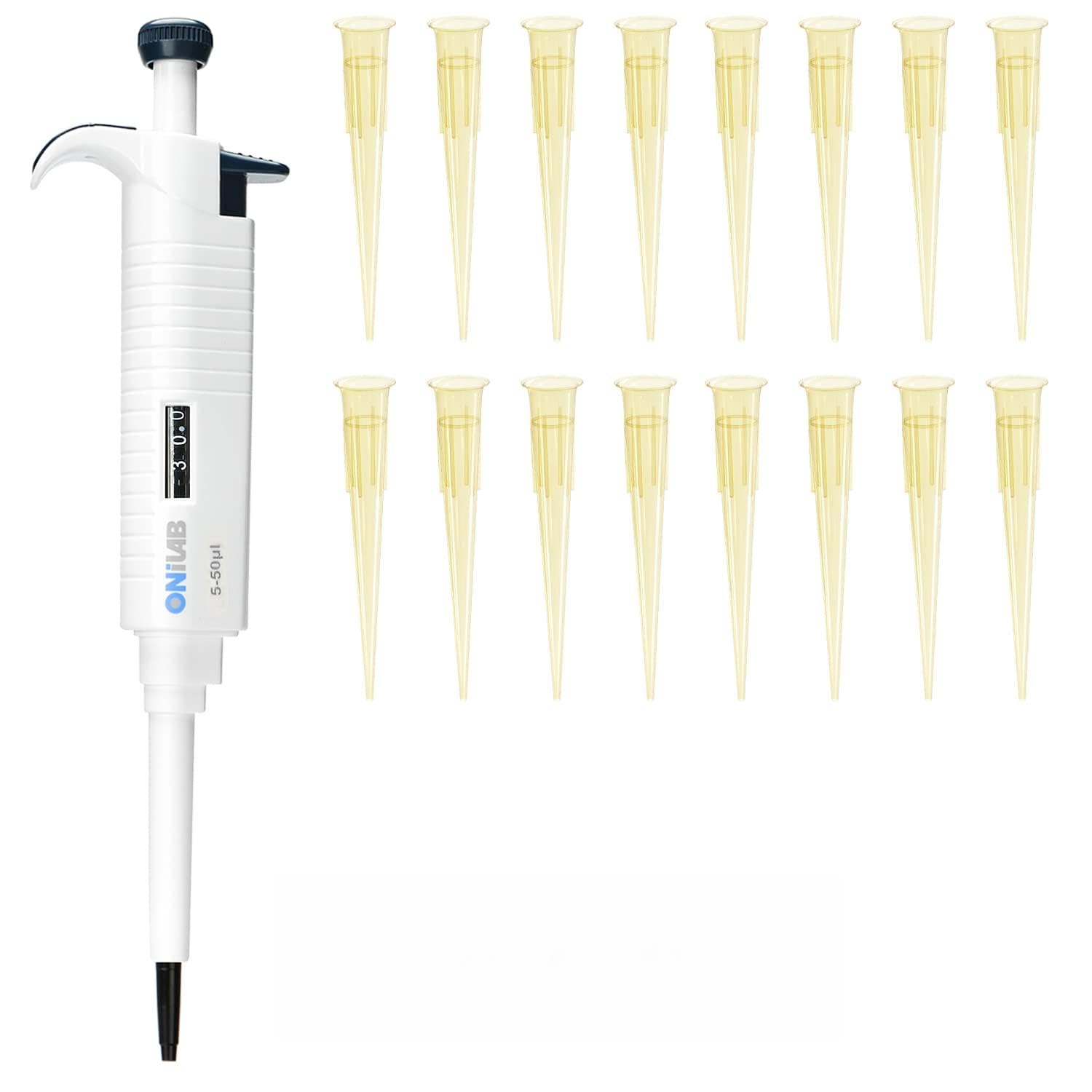 ONiLAB 5-50ul Lab Micropipette with 1000 PCS Pipette Tips 200ul， Single Channel Pipette,Adjustable Volume Pipette, Micro Pipettes, High Precision Pipettor with Clear Yellow Pipettor Tips