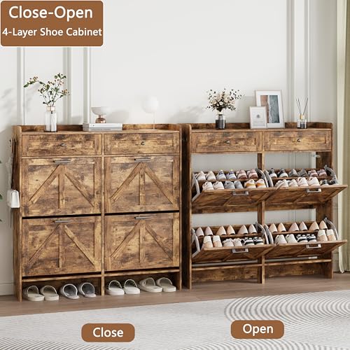 Image of Shoe Cabinet with 4 Flip Drawers & 2 Top Drawers, 43 inch Tall Freestanding Narrow Wooden Shoe Storage Organizer for Entryway, Hidden Slim Shoe Rack for Front Door Entrance, Hallway, Living Room, Brown