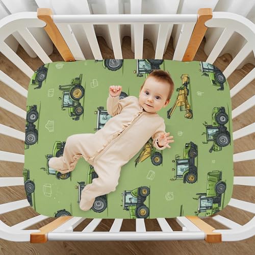 Image of Farm Tractors Cartoon Crib Sheets Soft Breathable Fitted Baby Crib Sheets Mattress Cover for Girls Boys 52 inch x 28 inch x 9 inch