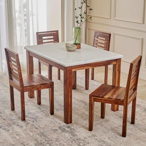 Image of Home Centre 4 Seater Kian Sheesham Wood Dining Set with 2 Chairs and 1 Bench | Sheesham Wood Dining Table Sets for Dining Room|(Brown) 1 Year Warranty