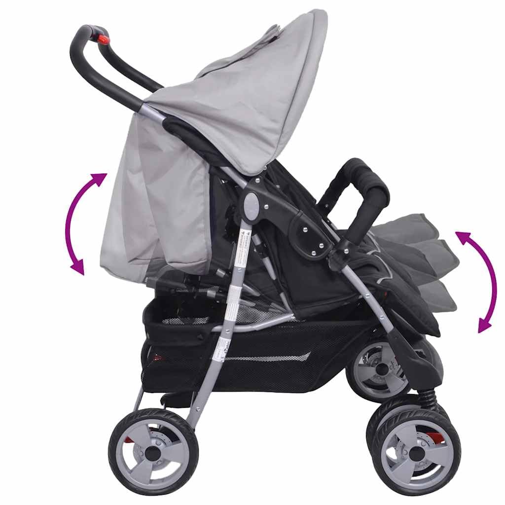 vidaXL Passeggino Gemellare Bambini Regolabile Acciaio Grigio Nero Carrozzina