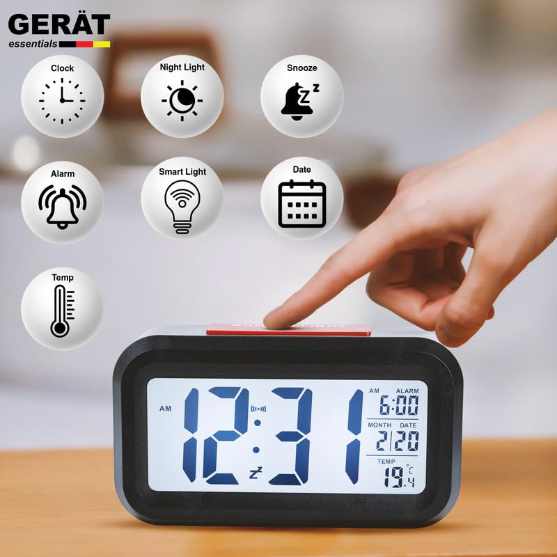 Image of GERAT Kabel Digital Clock with Alarm for Students, Home, Office, and Bedroom | Multiple Alarms with a Snooze Function | Temperature, Day and Month Indicator, Light Sensor for Night Vision, Black /Red