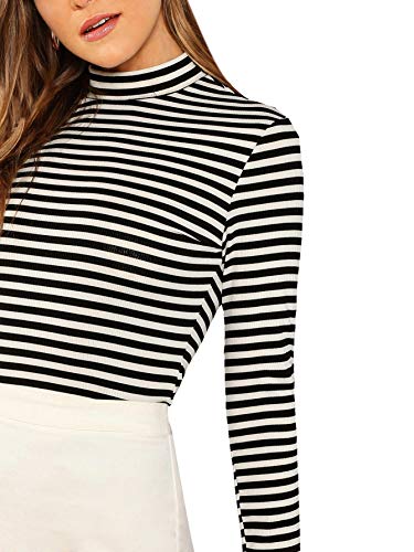 Floerns Women's High Neck Long Sleeve Slim Fit Stretch Striped T-Shirts Black And White, S #TOP3
