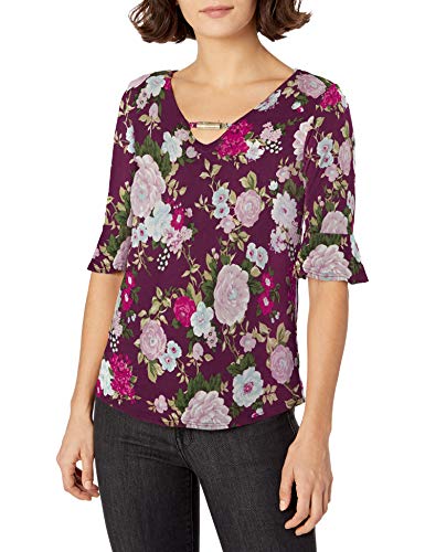 Star Vixen Women's Petite Bell Sleeve Keyhole Front Top, Burgundy Ground Floral, PXL