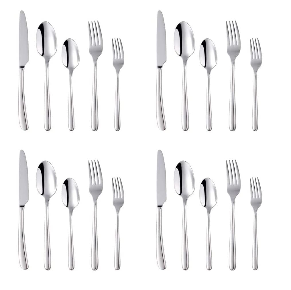 KRUSAN Silver Cutlery Stainless Steel Luxury Dinnerware Tableware Serving Spoon Fork Knife Reusable Satin Mirror Finish for Home Restaurant Dining Table (Silver, 20)