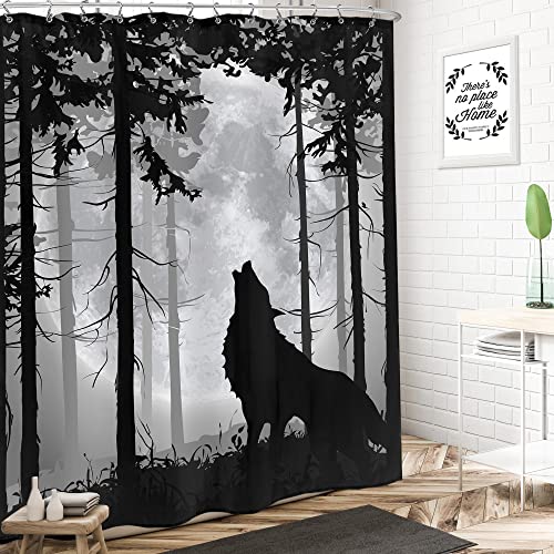 Lightinhome Forest Moon Shower Curtain 60Wx72H Inches Rustic Wolf Dark Black Nature Gothic Tree Animal Wild Scenery Woodland Cloth Fabric Waterproof Polyester Bathroom Home Decor Set With Hooks #TOP1