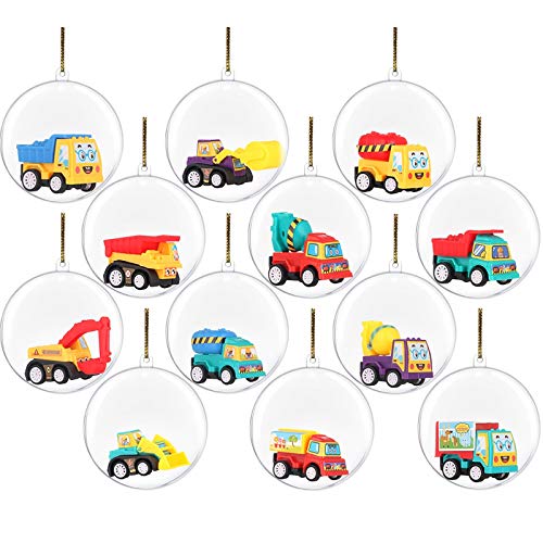 12 Clear Fillable Christmas Ball Ornaments Filled With Toy Trucks - Fill With Toys Or Surprises For Decor, Xmas Tree, Birthdays, Parties, Events #TOP8