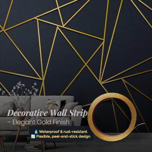 Image of Gold Moulding Patti for Wall - 5M Self Adhesive Metal Strip | T Profile Wall Moulding Trim for Ceiling, Furniture, Cabinet, Tile Border | 25MM SS 201 Mirror Finish (Gold, 25MM)