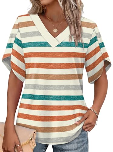 Image of WIHOLL Womens Summer Tops Short Petal Sleeve Shirts Fashion V Neck Womens Clothing